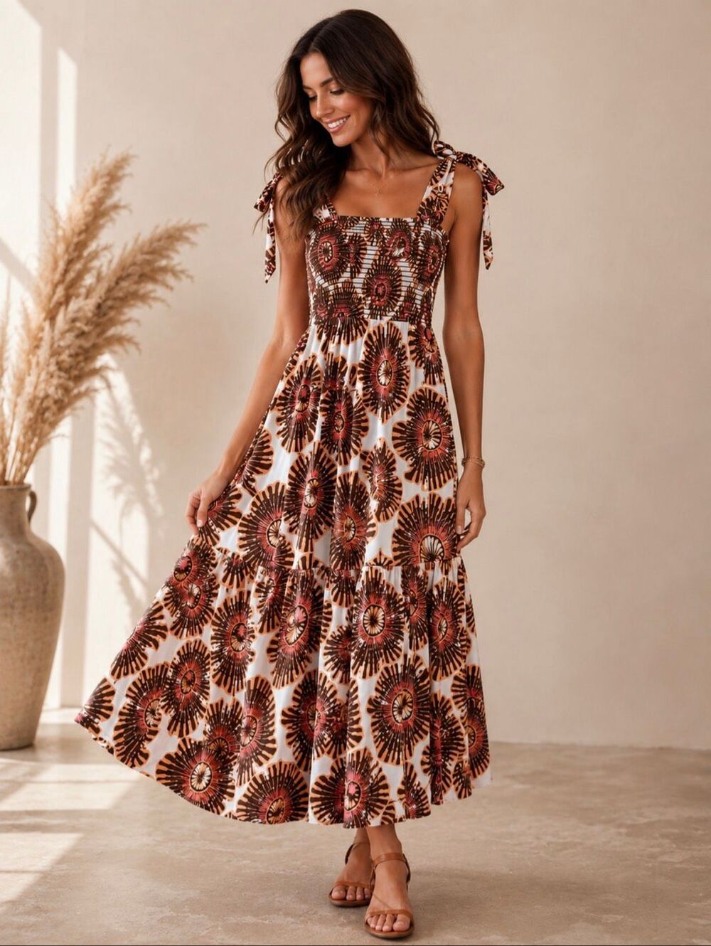 Omika Lana Maxi Dress Large Camille Fig Floral Ivory Brown Smocked Anthropologie